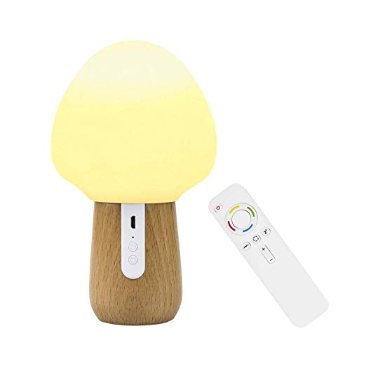 Remote Control Night Light, Mystery 100% Beech Wooden Eye-Caring LED Mushroom Nursery Lamp, Soft Silicone Relaxing Nightlight for Baby Kids Adults Bedroom (Brightness Adjustment & Colors Cycles)