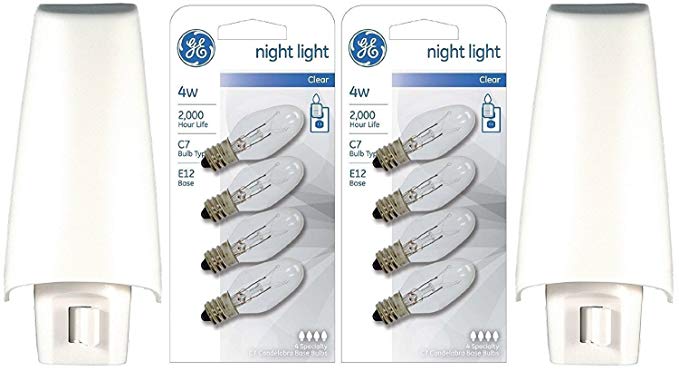 GE White Shade Incandescent Set of 2 Night Lights Plus 8 Replacement bulbs