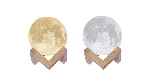 KUNGKEN Rechargeable 3D Printing Moon Lamp Premium Touch Control Luna Night Light Dimmable 2 Colors LED Mood Lamp with Magnetic Wooden Mount 3.15IN