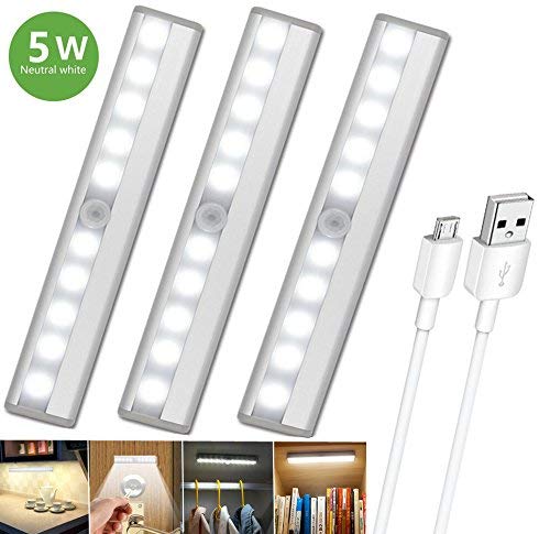 Stick-on Anywhere Portable Little Light Wireless LED Under Cabinet Lights 3 Pack 10-LED Motion Sensor Activated Night Light Build In Rechargeable Battery Magnetic Tape Lights for Closet, Cabinet