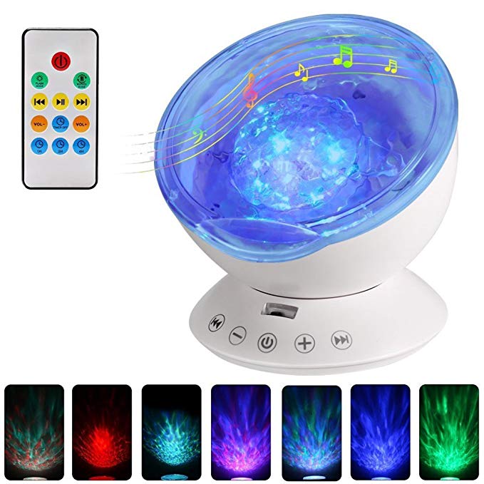 Remote Ocean Night Light Projector with Music and Timer Baby Rotating Projection Night Lamp White for Kids Friends Party Nursery Bedroom [12 LEDS,7 Colors]