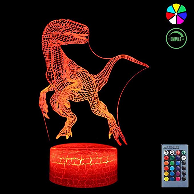 3D Night Light, 7 Colors Changing Smart Switch Remote Control USB & Battery Powered Jurassic Dinosaur Toy 3D Crackle LED Desk Lamps Perfect Birthday Christmas Party Gift Baby Kid Boy Girl Friend