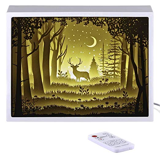 Papercut Light Boxes, Night Light Lamp of Creative Light Paintings - The Deer in The Deep Forest at Night (White)