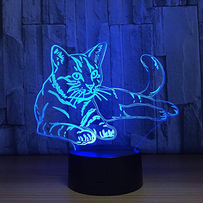 Cat 3D Night Light Touch Table Desk Lamp, Thosdt 7 Colors 3D Optical Illusion Lights with Acrylic Flat & ABS Base & USB Cable