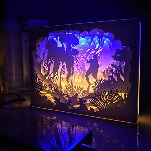 LED Night Lights, 3D Shadow Paper Sculptures Light Boxes Decorative Mood Light Dream Night Light Bedside Lamp for Bedroom, Living Room, Nursery and Baby's Room (Jellyfish)