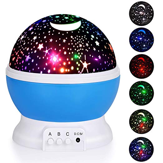 Night Lights for Kids, Baby Night Light, Starry Night Light Rotating Moon Star Projector, Romantic Night Lighting Lamp, 4 LED Bulbs 8 Modes with USB Cable, Bedside Lamp Best for Bedroom Nursery (Blue)