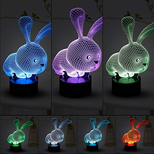 Junda 3D Rabbit Night Light, LED Night Lamp, 7 Color Switch Table Desk Night Light for Kids Bedroom Nursery Decor Christmas Gifts, USB Rechargeable