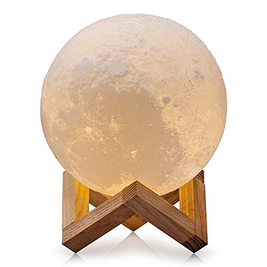 Moon Light Lamp, Rechargeable 3D Printing Moon Lamp Touch Switch Luna Night Light Color And Brightness Adjustable With Wooden Mount 13cm (Battery + Chargeable)