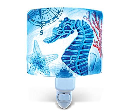 Puzzled Seahorse LED Nightlight 120V, 60Hz, MAX 7W Handcrafted Glass Art Nautical Home Decor Wireless Portable Easy Plug w/On & Off Switch Novelty Light - Ocean Life Animal Theme