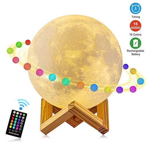 Moon Lamp, Moon Night Light GDPETS 16 Color Moon Light Lamp, 3D Print Moon Light with Stand/Dimmable/Timing Remote&Touch Control/Decorative Lamp for Baby Kids Friend Birthday Party Gifts (5.9 inch)