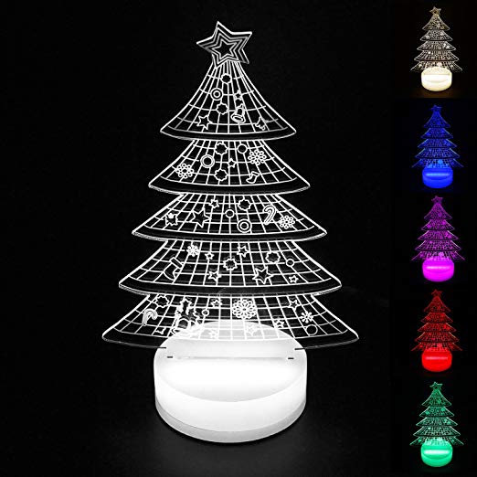 Perfect Lighting 3D Illusion Light LED Table Lamp Children Night Light USB Powered Light Christmas Home Decor Lighting (Christmas tree, Multi-Color)