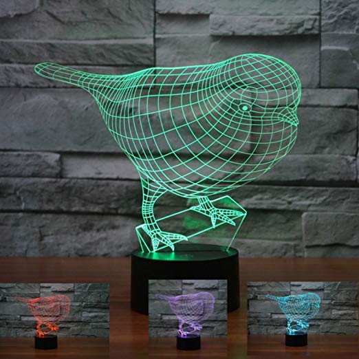 3D Robin Birds Night Light 7 Color Change LED Table Desk Lamp Acrylic Flat ABS Base USB Charger Home Decoration Toy Brithday Xmas Kid Children Gift