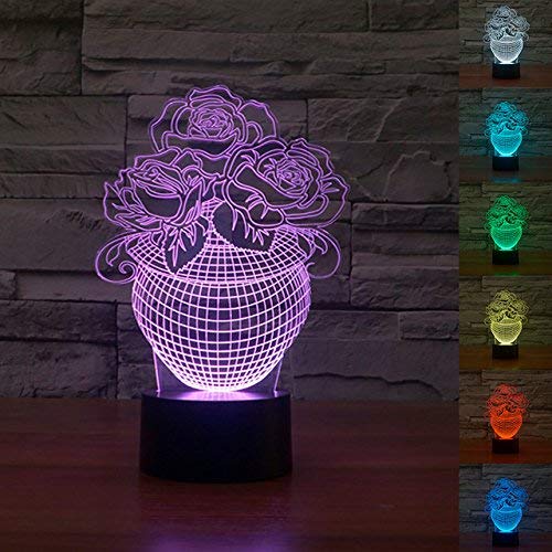 3D Rose Flower Vase Night Light 7 Color Change LED Table Desk Lamp Acrylic Flat ABS Base USB Charger Home Decoration Toy Brithday Xmas Kid Children Gift