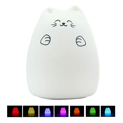 GD2016 LED Night Light Cute Cat Silicone Bedroom Light Multicolor USB Chargeable Light Lamp Sensitive Tap Control Warm White and 7 Color Breathing Dual Modes Full Charge Can Use 15 Hours (Fortune Cat)