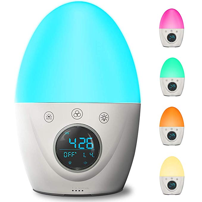 FiveHome Night Light Alarm Clock, Bedside Lamp for Kids,Dimmable Warm White Light & Color Changing RGB,Optional Weekday,Touch Control,6 Nature Sounds, Sleep Timer