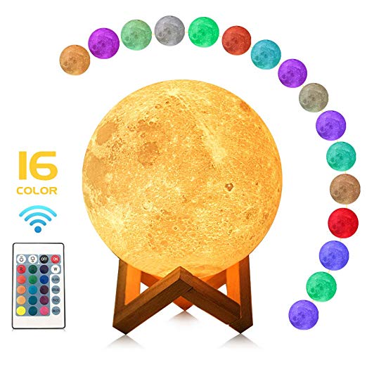 MULTAGFY Moon Lamp Night Light Large 3D Printing Moon Light Touch LED Lamp Brightness USB Lamps Dimmable Gift Women Kids 16 Colors Remote&Touch Control 7.1 Inch