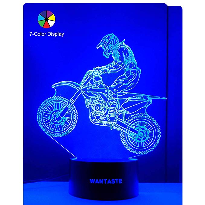 WANTASTE 3D Motocross Lamp, Optical Illusion Night Light for Room Decor & Nursery, Cool Birthday Gifts & 7 Color Changing Toys with Battery Backup for Kids, Boys, Father & Sports Guy