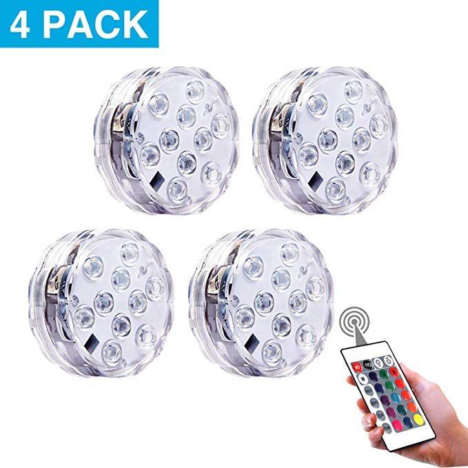 Submersible LED Lights [4 Pack] Waterproof light Multi Color Battery Operated Remote Control Wireless 10-LED Reusable light for Party,Vase,Christmas,Aquarium,Tub,Shower,Pond,IP68 Submersible Light