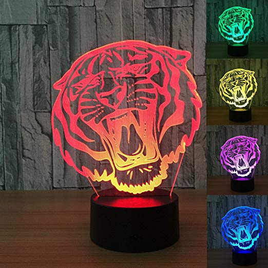 3D Animal Tiger Night Light 7 Color Change LED Table Desk Lamp Acrylic Flat ABS Base USB Charger Home Decoration Toy Brithday Xmas Kid Children Gift