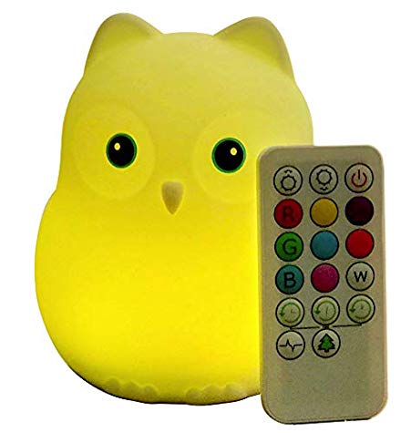 Goodnight Owl Junior Rechargable Night Light for Kids & Toddlers - Multi-Color LEDs (9 Colors!), Remote Control, BPA-Free Silicone, 5 Levels of Brightness, Auto-Off Timer. Super Cute and Fun!