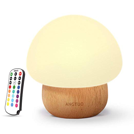 Night Lights for Kids, ANGTUO Baby LED Mushroom Night Lamp, Soft Silicone Lampshape, 100% Rubber Wood, 4 Light Modes and 16 Color by Wireless Remote - US Plug