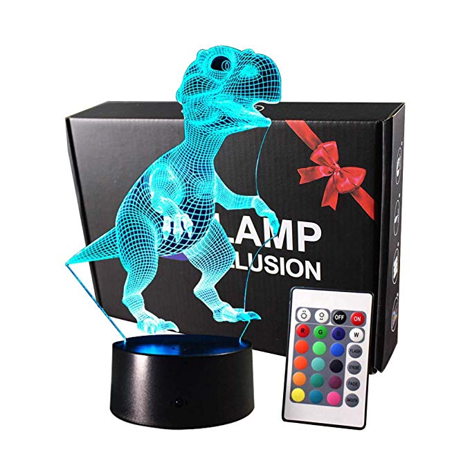 Dinosaur 3D Night Light,Touch Switch Lamp 7 Colors Change Remote Control Timer,Children Room Boy&Girl Bedroom Decor,Acrylic Flat & ABS Base & USB Cable for Christmas Gift (T-rex)