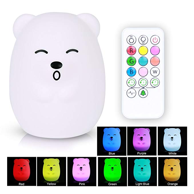 XFunino LED Baby Night Light Soft Silicone Night Lamp Kids Christmas Lights Children Nursery Lamps RGB Tap Control + Remote Control, 9 Colors Changing Breathing 4 Light Modes, Rechargeable Bear Light