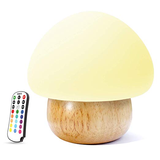 Night Lights for Kids, ACELONE Baby LED Mushroom Night Lamp, Soft Silicone Lampshape, 100% Wood, 4 Light Modes and 16 Color by Wireless Remote - USB Plug