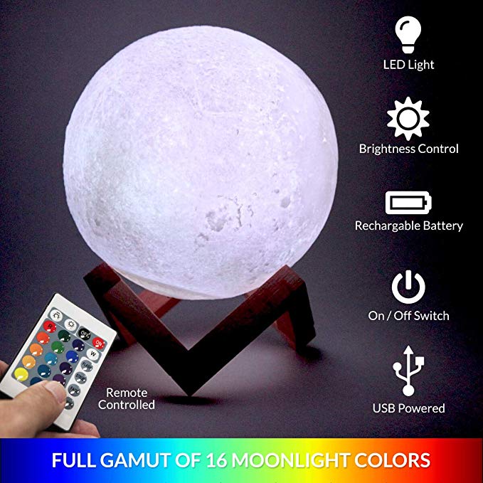 Elite 3D Moon Lamp Night Light, Remote Control, 16 Color Changes, Optical Illusion LED Lunar Moonlight Globe Ball with Wood Stand Base for Kids Room, Baby Nursery, or Room Decor - Diameter 15CM