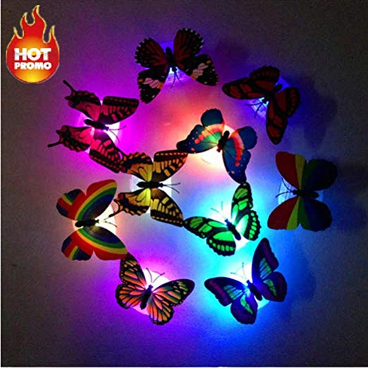 Colorful Changing Butterfly LED Night Light with Suction Pad , Tuscom Auto-Change 7 Different Colors Lamp Home Room Party Desk Wall Decor (1PC/Random)