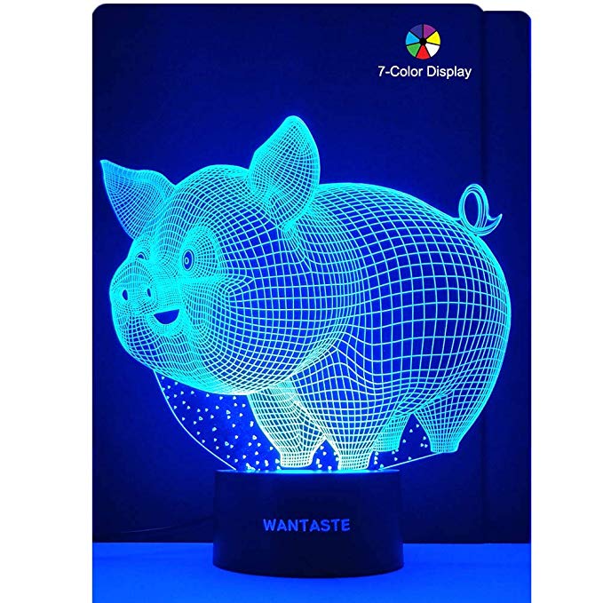 WANTASTE 3D Pig Lamp, Optical Illusion Night Light for Room Decor & Nursery, Cool Birthday Gifts & 7 Color Changing Toys for Girls & Boys